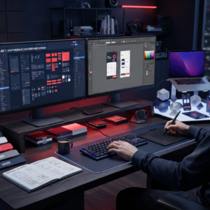creative assets digital resources. a sleek 3d rendered graphic designer
