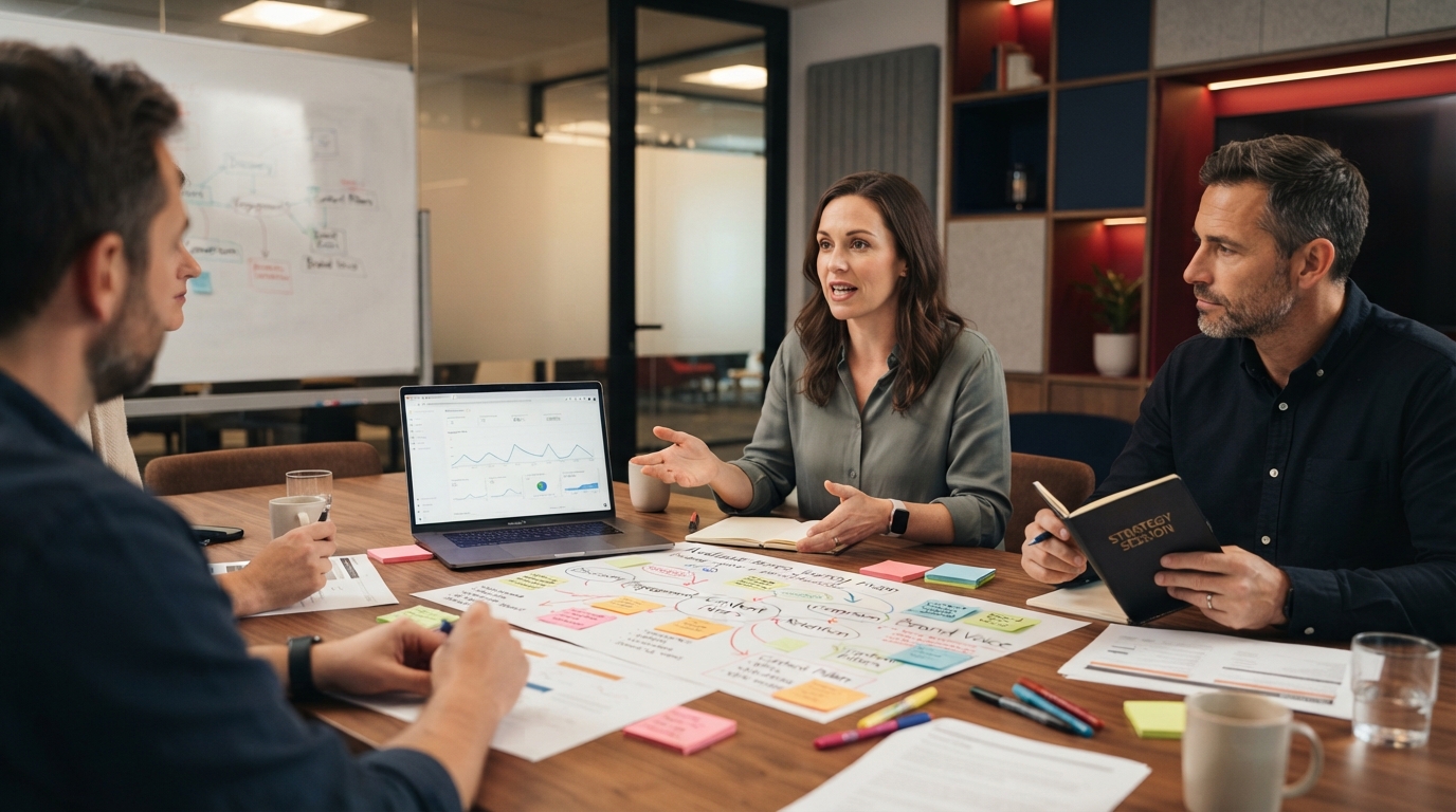 professional high end photo of a creative strategy session for content